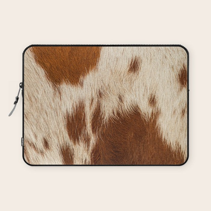 Brown Cowhide, Cow Skin Print Pattern Modern Cowhide Faux Leather Laptop Sleeve Gallery Image 1