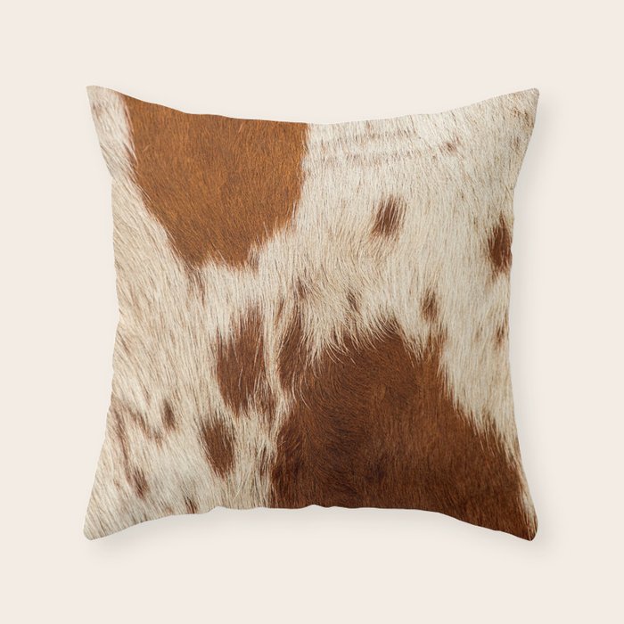 Brown Cowhide, Cow Skin Print Pattern Modern Cowhide Faux Leather Throw Pillow Gallery Image 6