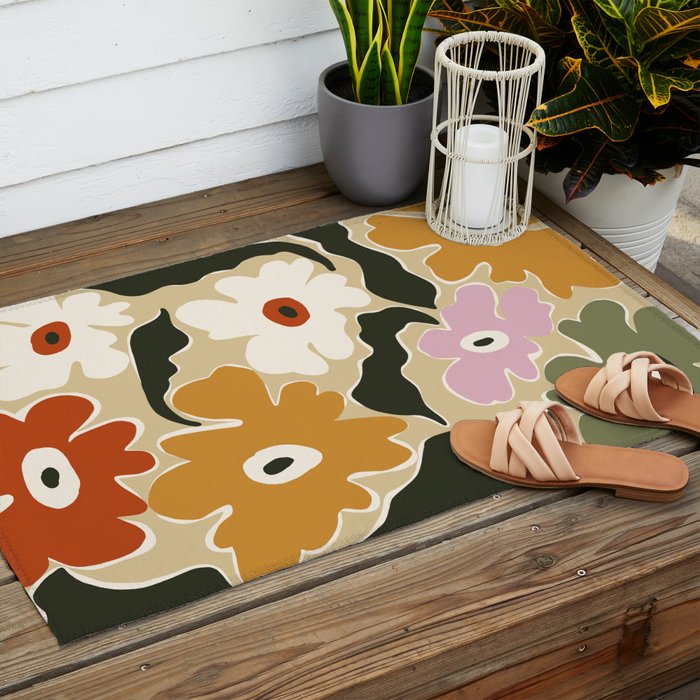 Retro abstract floral  Outdoor Rug Gallery Image 2