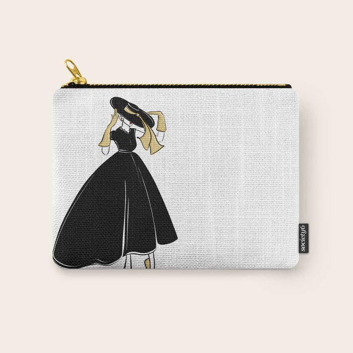 1950's Inspired Fashion Illustration Black & White with Gold Carry All Pouch Gallery Image 1