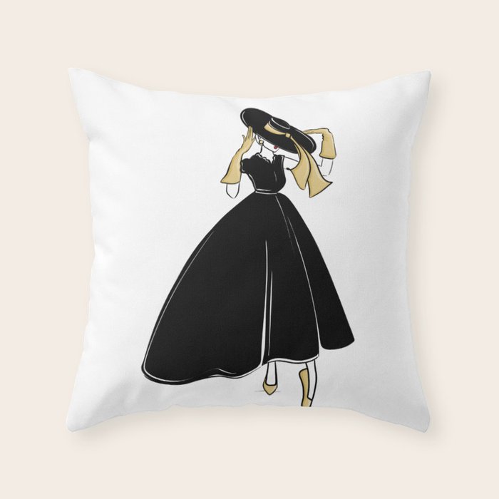 1950's Inspired Fashion Illustration Black & White with Gold Throw Pillow Gallery Image 1