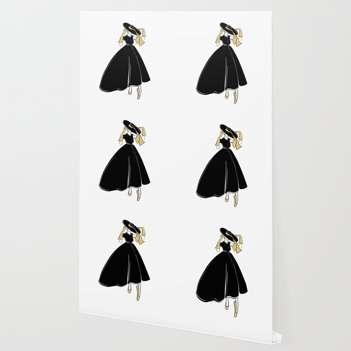 1950's Inspired Fashion Illustration Black & White with Gold Wallpaper Gallery Image 2