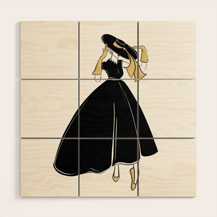 1950's Inspired Fashion Illustration Black & White with Gold Wood Wall Art Gallery Image 1