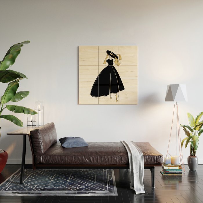 1950's Inspired Fashion Illustration Black & White with Gold Wood Wall Art Gallery Image 2