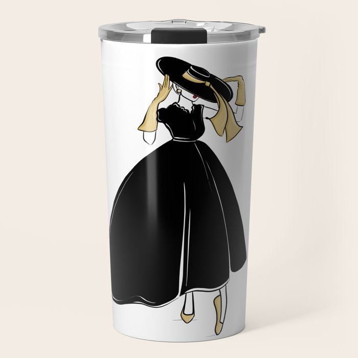 1950's Inspired Fashion Illustration Black & White with Gold Travel Mug Gallery Image 1