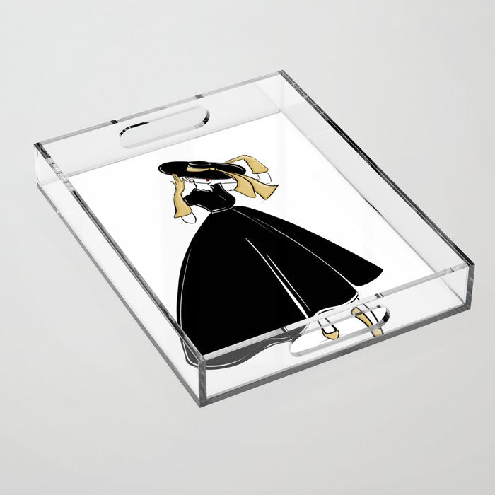 1950's Inspired Fashion Illustration Black & White with Gold Acrylic Tray Gallery Image 1