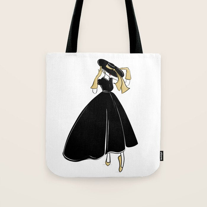 1950's Inspired Fashion Illustration Black & White with Gold Tote Bag Gallery Image 1