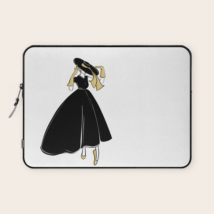 1950's Inspired Fashion Illustration Black & White with Gold Laptop Sleeve Gallery Image 1