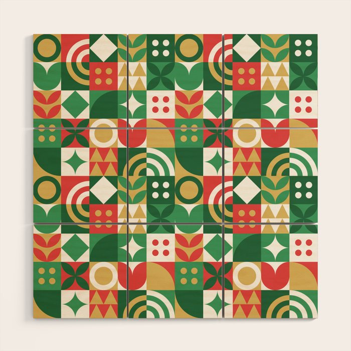 Geometric christmas holiday mosaic pattern Wood Wall Art Gallery Image 1