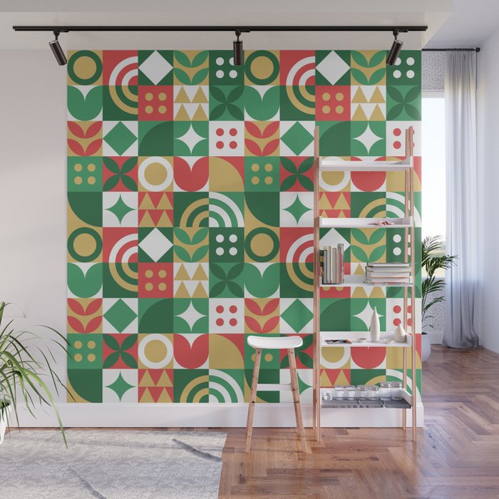 Geometric christmas holiday mosaic pattern Wall Mural Gallery Image 1