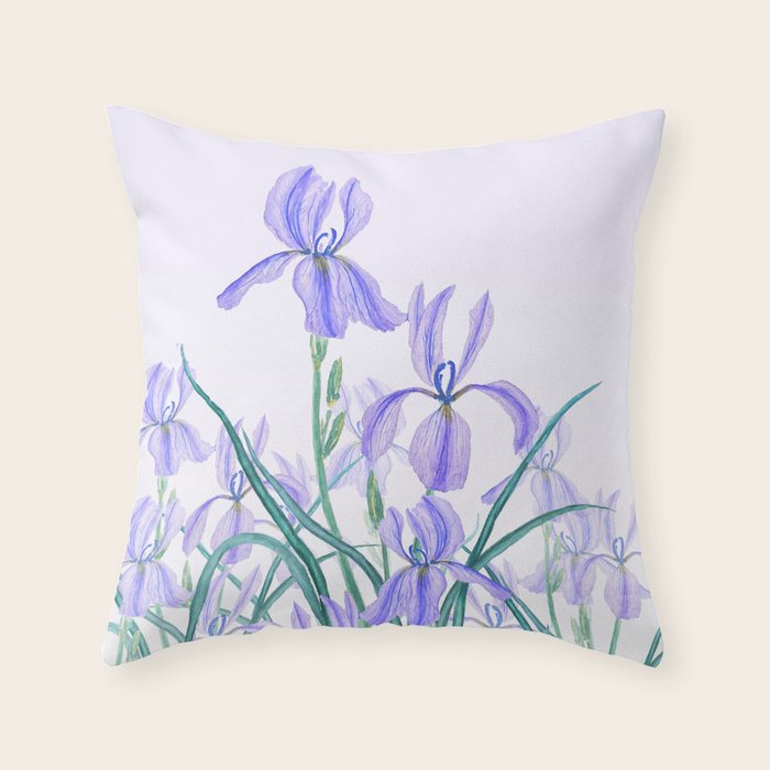 purple iris watercolor Throw Pillow Gallery Image 1