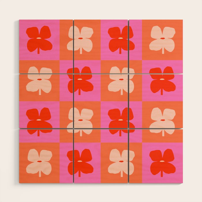 Retro Tropical Checkered Floral Pattern Wood Wall Art Gallery Image 1
