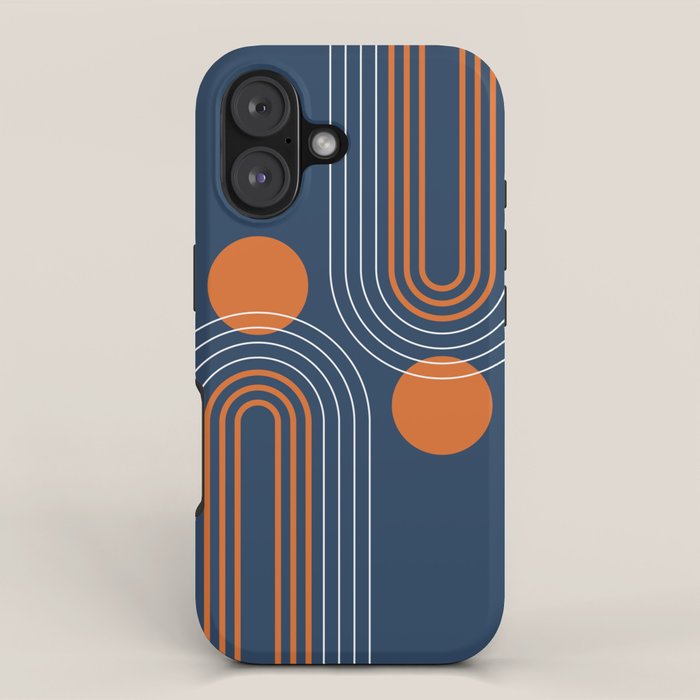 Mid Century Modern Geometric 111 in Navy Blue and Vintage Orange (Rainbow and Sun Abstraction) iPhone Case Gallery Image 1