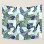Leaf wall // navy blue pine and sage green leaves mint lines Wall Tapestry Gallery Image 4
