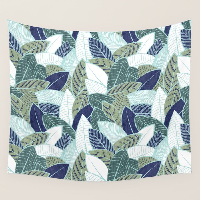 Leaf wall // navy blue pine and sage green leaves mint lines Wall Tapestry Gallery Image 1