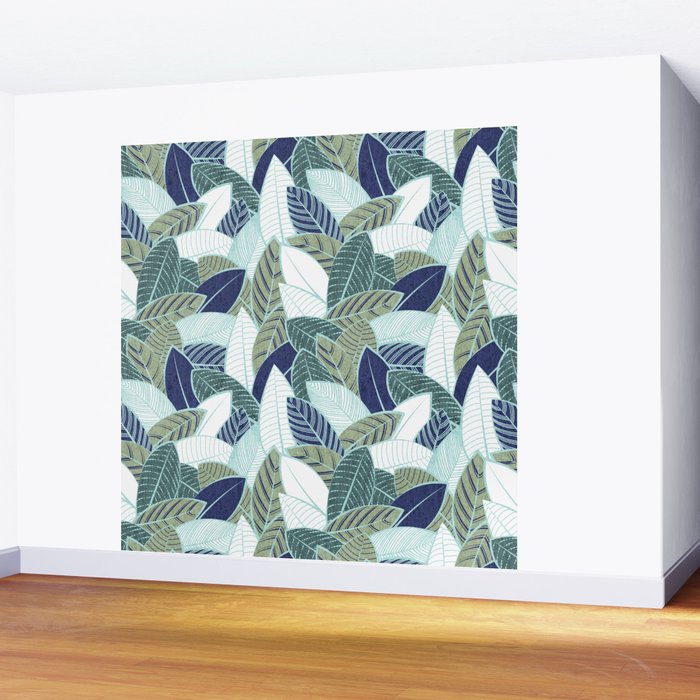 Leaf wall // navy blue pine and sage green leaves mint lines Wall Mural Gallery Image 2