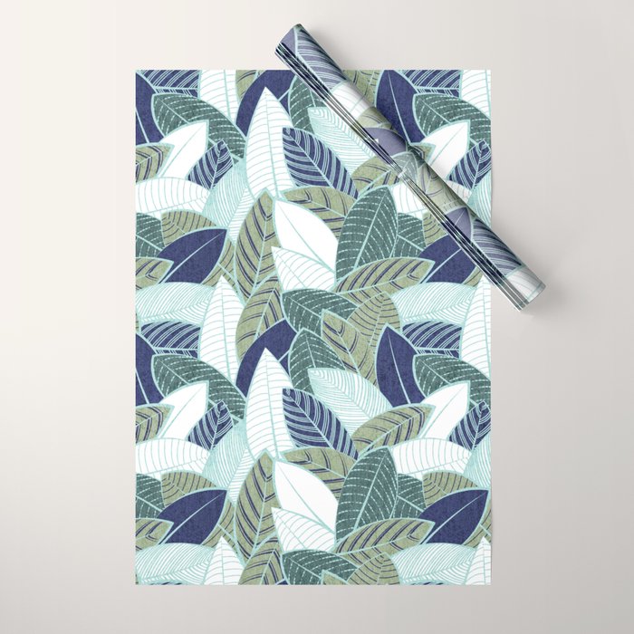 Leaf wall // navy blue pine and sage green leaves mint lines Wrapping Paper Gallery Image 1