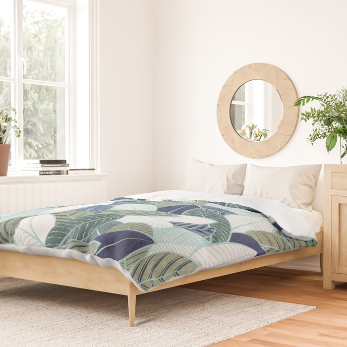 Leaf wall // navy blue pine and sage green leaves mint lines Duvet Cover Gallery Image 2