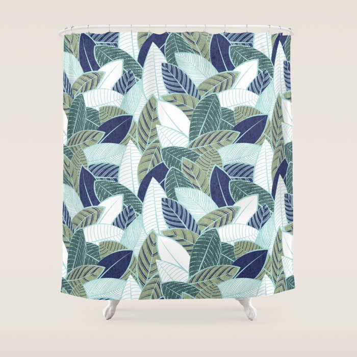 Leaf wall // navy blue pine and sage green leaves mint lines Shower Curtain Gallery Image 1