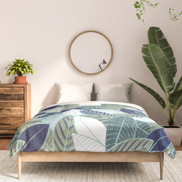 Leaf wall // navy blue pine and sage green leaves mint lines Comforter Gallery Image 3