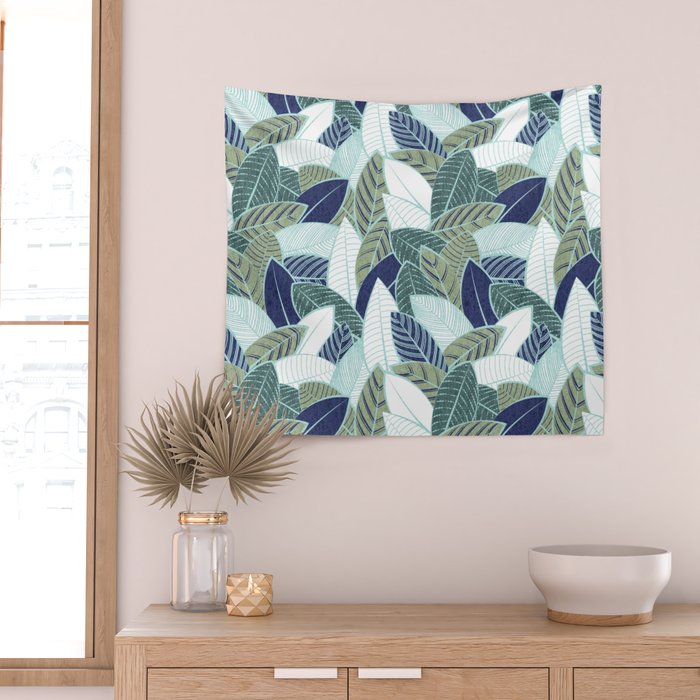 Leaf wall // navy blue pine and sage green leaves mint lines Wall Tapestry Gallery Image 2