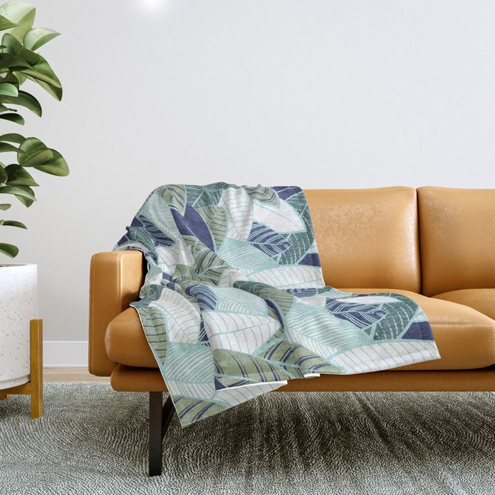 Leaf wall // navy blue pine and sage green leaves mint lines Throw Blanket Gallery Image 1