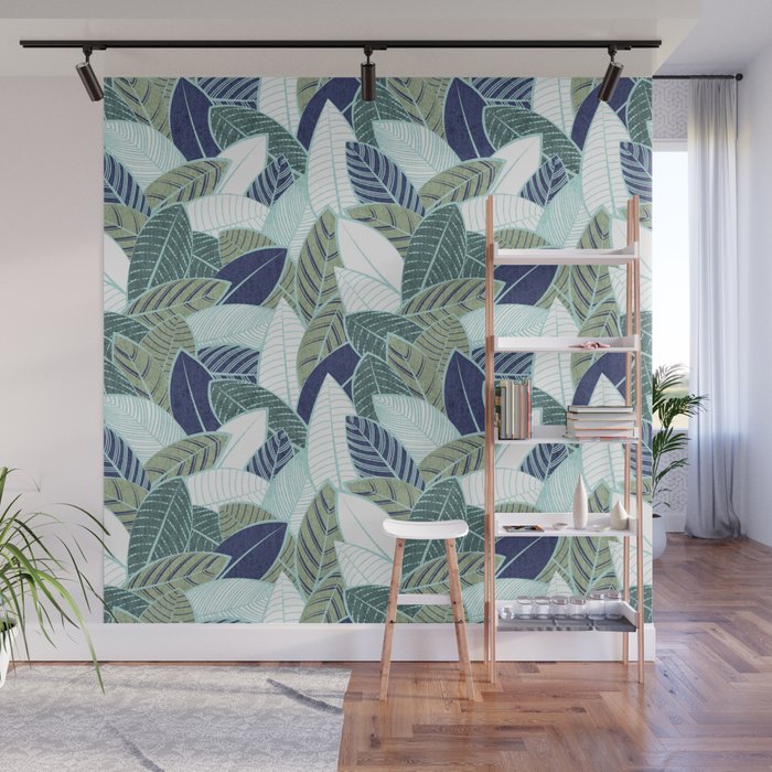 Leaf wall // navy blue pine and sage green leaves mint lines Wall Mural Gallery Image 1