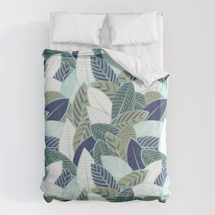 Leaf wall // navy blue pine and sage green leaves mint lines Duvet Cover Gallery Image 1