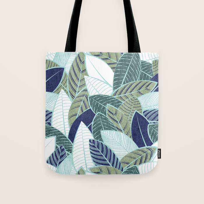 Leaf wall // navy blue pine and sage green leaves mint lines Tote Bag Gallery Image 1