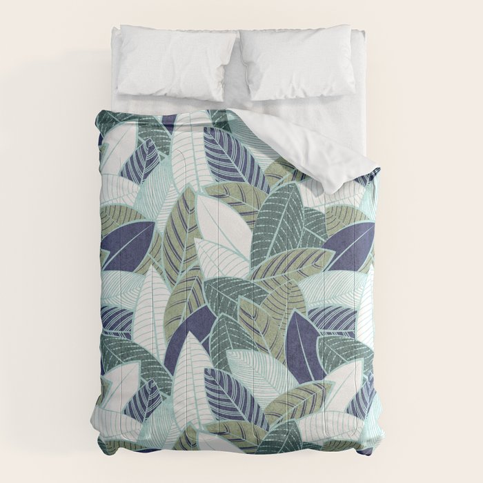 Leaf wall // navy blue pine and sage green leaves mint lines Comforter Gallery Image 1