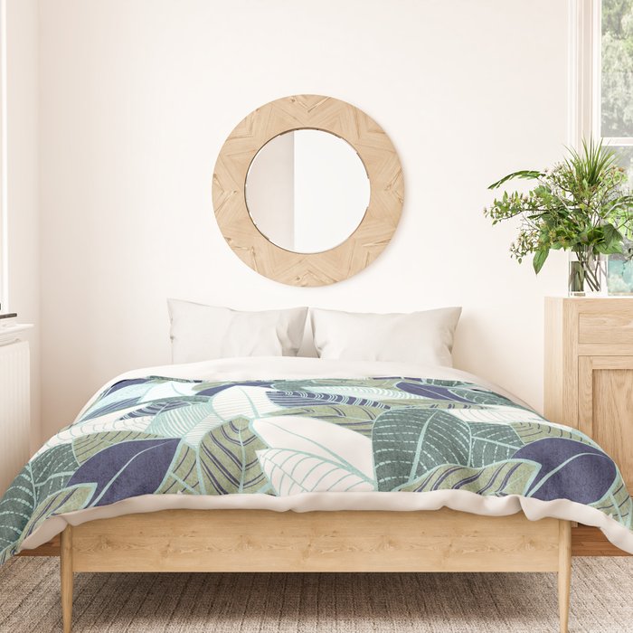 Leaf wall // navy blue pine and sage green leaves mint lines Duvet Cover Gallery Image 3