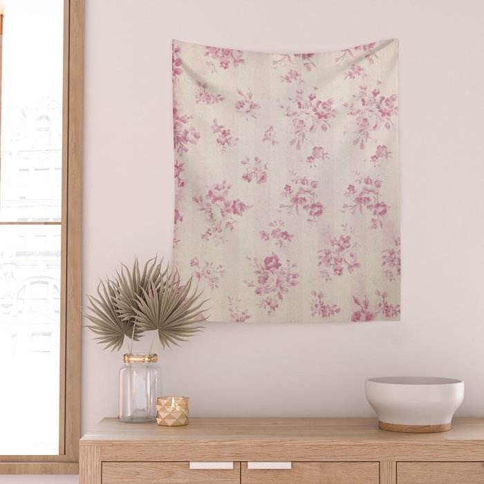 Elegant blush pink white rustic floral vintage stripes Wall Tapestry Gallery Image 2