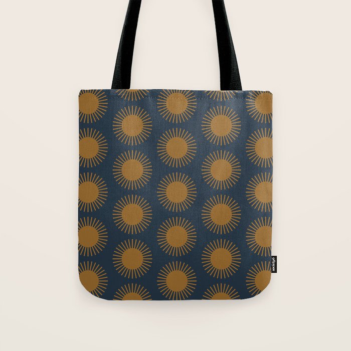 Boho Summer Sun Pattern VII Navy Blue Burnt Orange Tote Bag Gallery Image 1