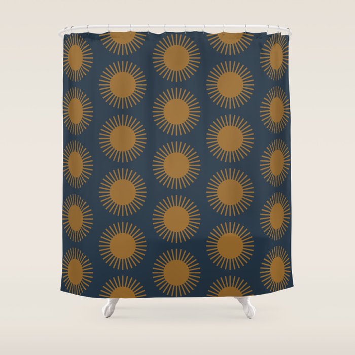 Boho Summer Sun Pattern VII Navy Blue Burnt Orange Shower Curtain Gallery Image 1