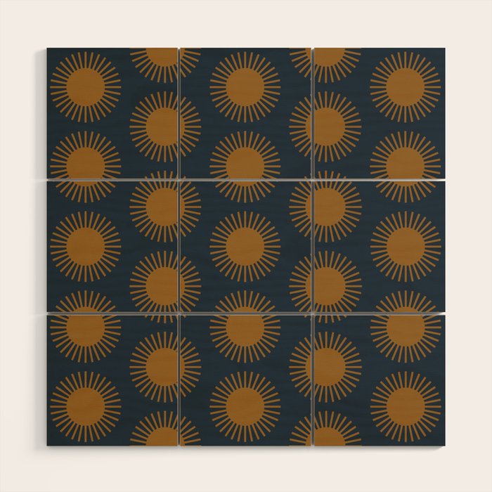 Boho Summer Sun Pattern VII Navy Blue Burnt Orange Wood Wall Art Gallery Image 1