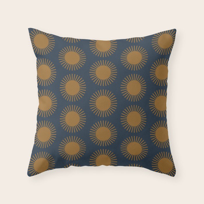 Boho Summer Sun Pattern VII Navy Blue Burnt Orange Throw Pillow Gallery Image 1