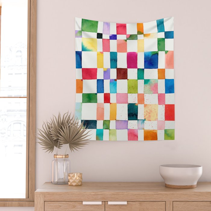 Modern watercolor checker Multicolored Spring Geometric Wall Tapestry Gallery Image 2