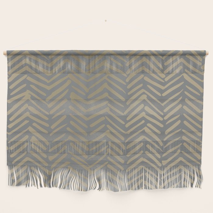 Herringbone, Boho, Mudcloth Pattern, Grey and Gold Wall Hanging Gallery Image 1