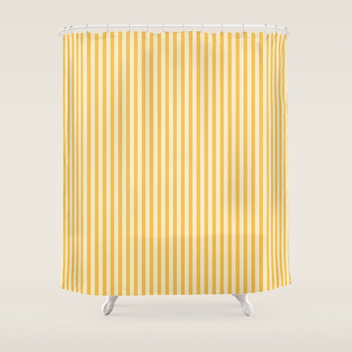 Fine Stripe Narrow Vertical Pinstripe Pattern in Coastal Italian Lemon Yellow Shower Curtain Gallery Image 1