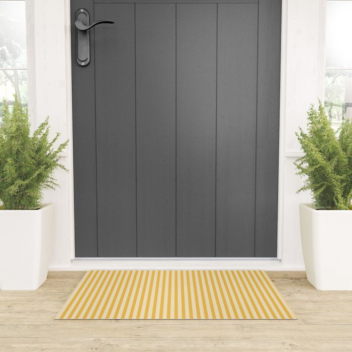 Fine Stripe Narrow Vertical Pinstripe Pattern in Coastal Italian Lemon Yellow Welcome Mat Gallery Image 3