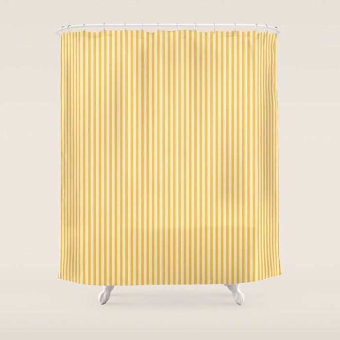 Ultra Fine Stripe Narrow Vertical Pinstripe Pattern in Coastal Italian Lemon Yellow Shower Curtain Gallery Image 1