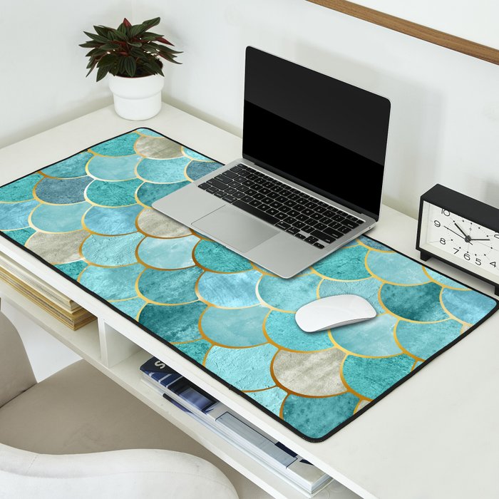 Moroccan Mermaid Fish Scale Pattern, Aqua,Teal Desk Mat Gallery Image 2