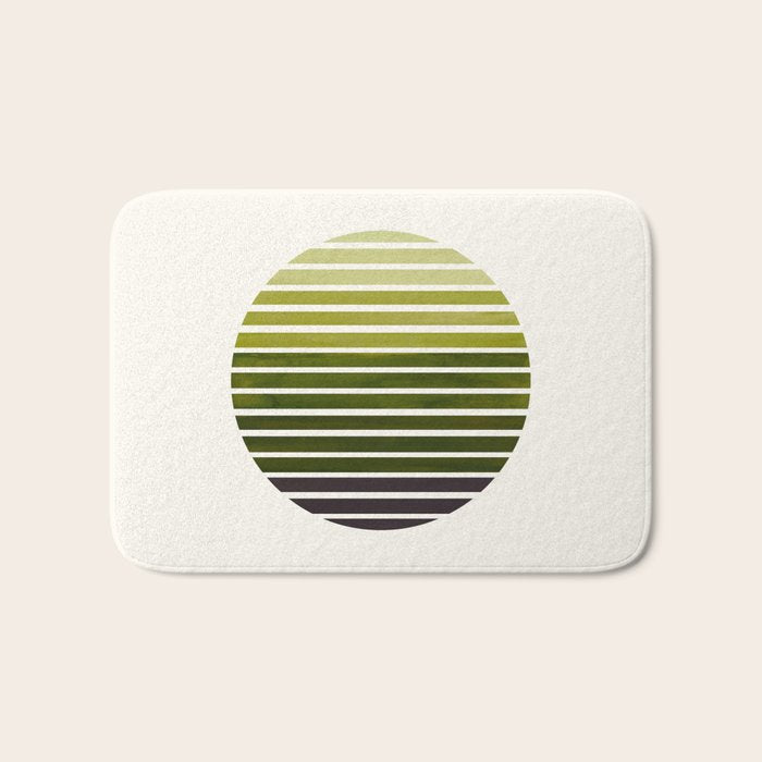 Olive Green Mid Century Modern Minimalist Scandinavian Colorful Stripes Geometric Pattern Round Circ Bath Mat Gallery Image 1