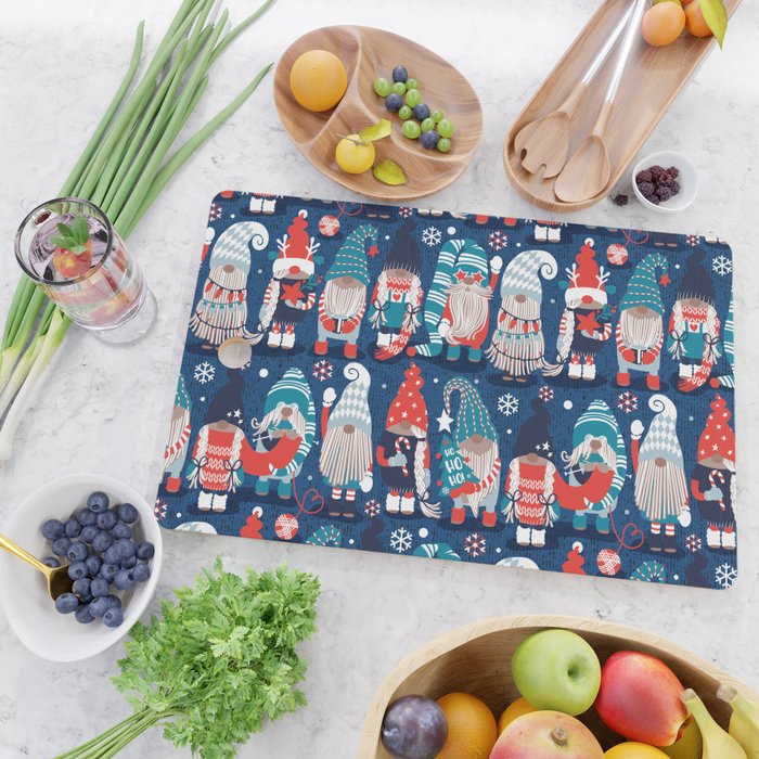 Let it gnome // blue background little Santa's helpers preparing for Christmas neon red classic oxford and pastel blue dressed gnomes Cutting Board Gallery Image 2