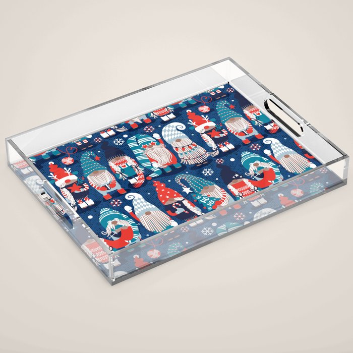 Let it gnome // blue background little Santa's helpers preparing for Christmas neon red classic oxford and pastel blue dressed gnomes Acrylic Tray Gallery Image 1