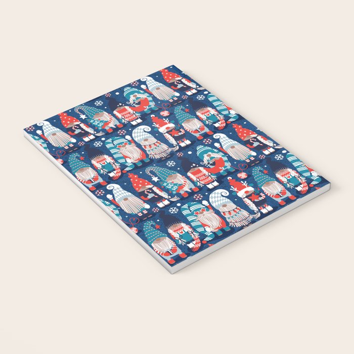 Let it gnome // blue background little Santa's helpers preparing for Christmas neon red classic oxford and pastel blue dressed gnomes Notebook Gallery Image 3