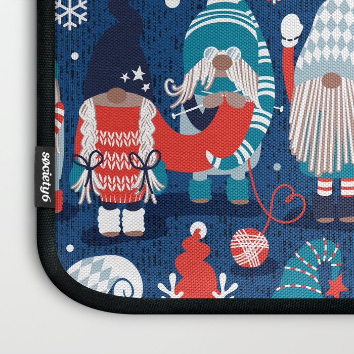 Let it gnome // blue background little Santa's helpers preparing for Christmas neon red classic oxford and pastel blue dressed gnomes Laptop Sleeve Gallery Image 3