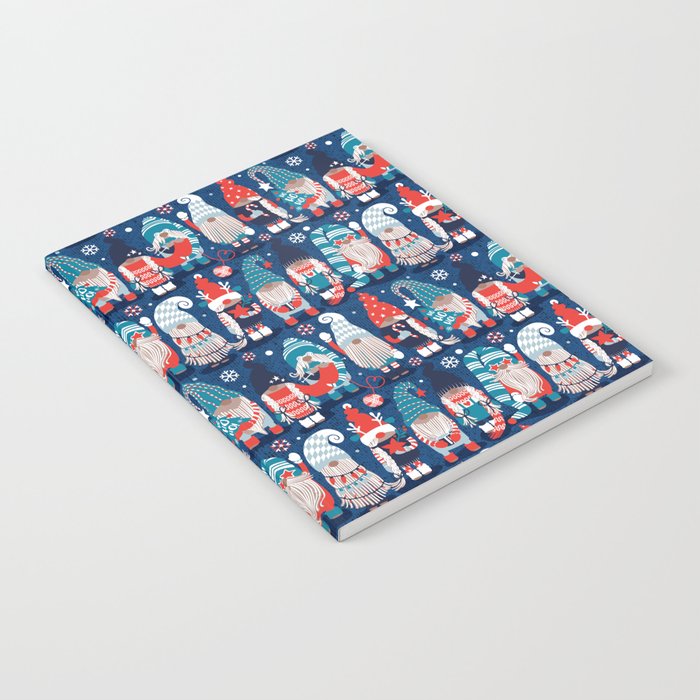 Let it gnome // blue background little Santa's helpers preparing for Christmas neon red classic oxford and pastel blue dressed gnomes Notebook Gallery Image 2