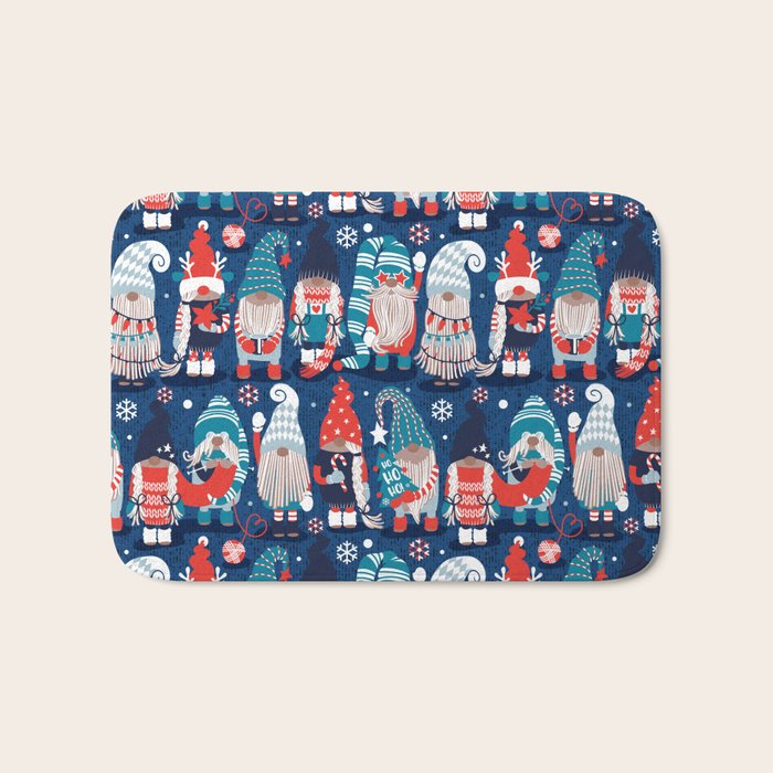 Let it gnome // blue background little Santa's helpers preparing for Christmas neon red classic oxford and pastel blue dressed gnomes Bath Mat Gallery Image 1