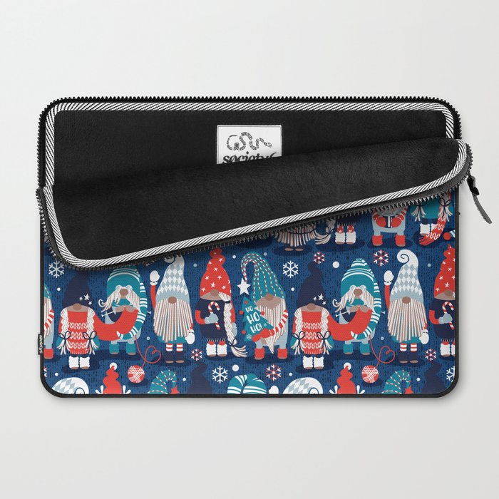 Let it gnome // blue background little Santa's helpers preparing for Christmas neon red classic oxford and pastel blue dressed gnomes Laptop Sleeve Gallery Image 2